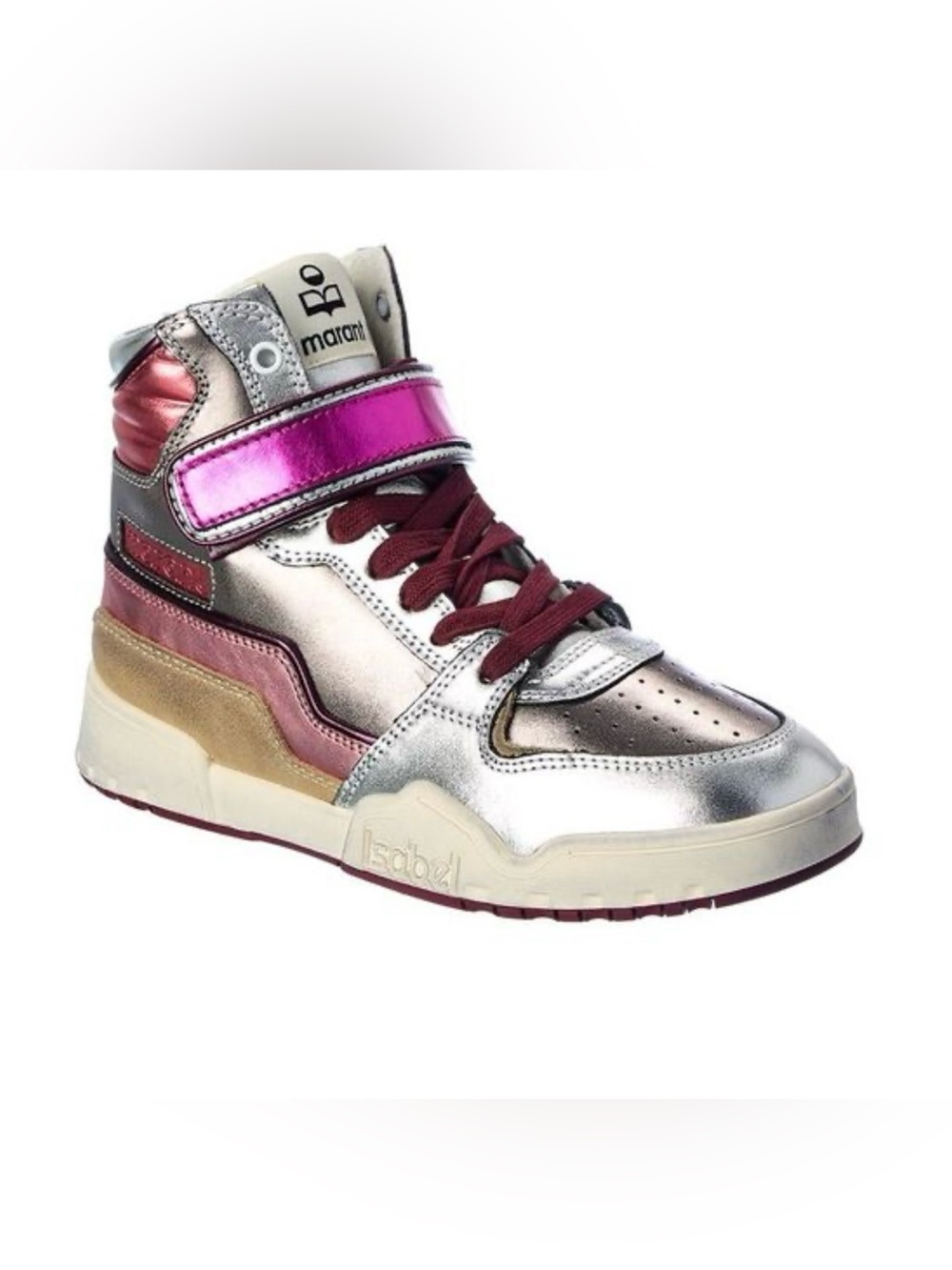 Isabel Marant Silver High-Top Sneakers with Fuchsia Strap and Burgundy Laces